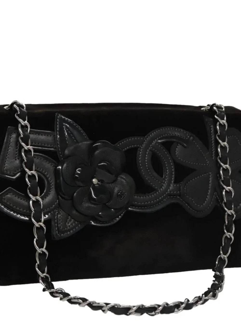 CHANEL Chain Camelia Shoulder Bag Velor Leather Black Silver CC Auth yk16500